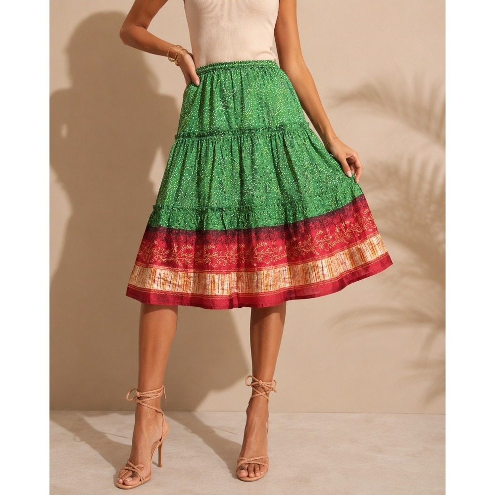 Andrew & Co Womens Tiered Skirt XL Green Navy Boho Paisley Polka Dot Ruffle NWT